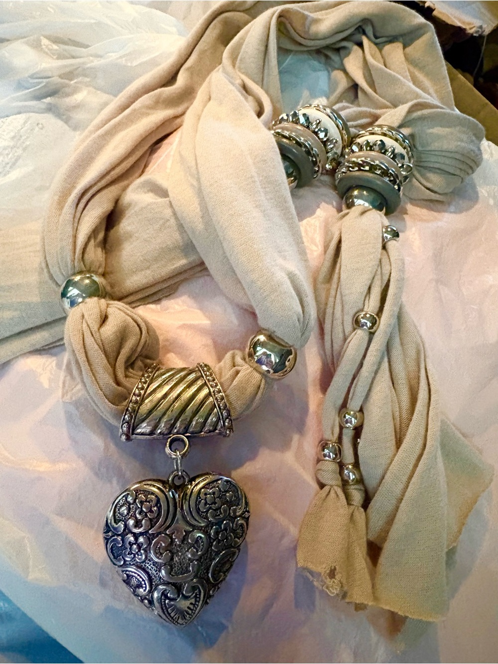 Taupe Scarf with Silver Heart Charm Pendant and Tassels With Rings